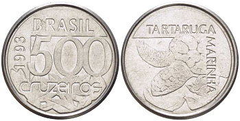 Бразилия 500 крузейро 1993 морская черепаха KM 624 нержавеющая сталь 4396-1024