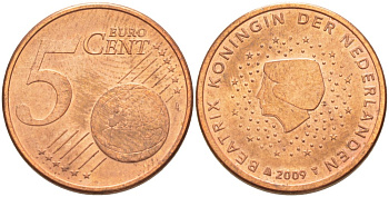 НИДЕРЛАНДЫ 5 ЕВРОЦЕНТОВ 2009 БЕАТРИКС KM 276 сталь плакированная медью 4543-235