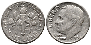 США 10 ЦЕНТОВ = 1 ДАЙМ 1968 РУЗВЕЛЬТ KM 195а медь плакированная медно-никелем 73-226