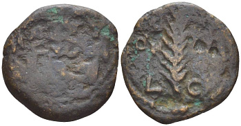 Римская Империя, Провинция Иудея прута 18 /19 год император Тиберий, прокуратор Валерий Грат, греческая легенда 'ТИБ(ЕРИЯ) КЕСАРЯ' в венке / греческая легенда 'Юлии', пальмовая ветвь , Иерусалим RPC 4964 медь 1073-21-115