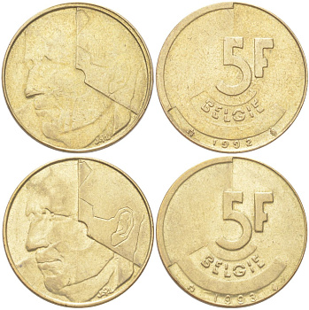 Бельгия набор из 2 монет разных годов (5 франков) 1992 и 1993 Belgie, Бодуэн I (1951-1993) KM 164a никель бронза 4143-641-642