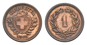 Швейцария 1 раппен 1863 B, редкий год KM 3.1 бронза 00-815-01
