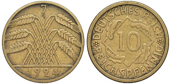 Германия 10 рейхспфеннигов 1924 J KM 40, J. 317, Weege 9 алюминиевая бронза 4604-655