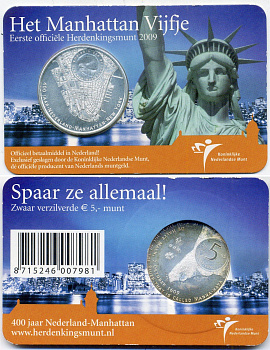 Нидерланды 5 евро 2009 400 лет Манхэттену, в оригинальном блистере KM 283 медь плакированная серебром BU 4-5-2-28