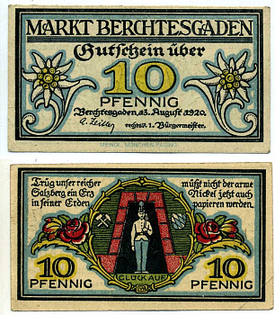 Берхтесгаден 10 пфеннигов 1920 13 августа 1920, нотгельд, земля Бавария Grabowski 76.5а бумага 2193-19-3-2