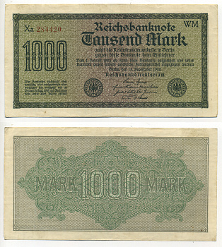 ГЕРМАНИЯ 1000 МАРОК 1922 15 СЕНТЯБРЯ 1922, ВОДЯНОЙ ЗНАК F, БЕЛАЯ БУМАГА Pick 76с бумага 7183-7-3