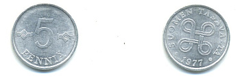 ФИНЛЯНДИЯ 5 ПЕННИ 1977 KM 45а алюминий 80-846