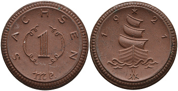 Саксония 1 марка 1921 парусник J. N 55 фарфор 1094-3-53