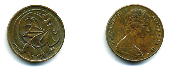 АВСТРАЛИЯ 2 ЦЕНТА 1975 ЕЛИЗАВЕТА II, МОЛОДОЙ ПОРТРЕТ, ПЛАЩЕНОСНАЯ ЯЩЕРИЦА (FRILLED LIZARD) KM 63 бронза 46-511