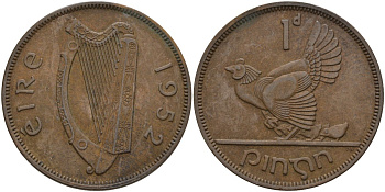 Ирландия 1 пенни 1952 курица с цыплятами KM 11 бронза 4144-1146