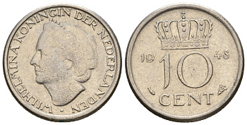 Нидерланды 10 центов 1948 Вильгельмина (1895-1948) KM 177 никель 220-535