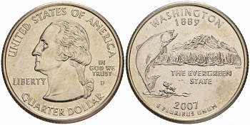 США 25 центов (квотер) 2007 D, серия штаты США, штат Вашингтон KM 397 медь плакированная медно-никелем UNC M25-13