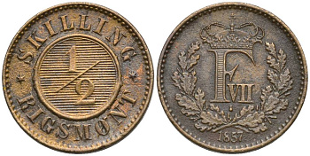 Дания 1/2 скиллинга ригсмонт 1857 Фредерик VIII (1848-1863) KM 767 бронза    4549-1153