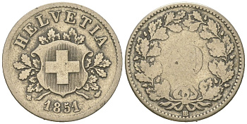 Швейцария 5 раппенов 1851 BB KM 5 серебро 4617-335