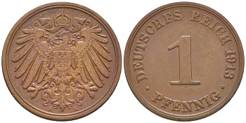 ГЕРМАНИЯ 1 ПФЕННИГ 1913 A KM 10, J. 10, Weege 2 медь 206-427