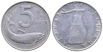 ИТАЛИЯ 5 ЛИР 1955 R, РУЛЬ, ДЕЛЬФИН KM 92 алюминий 51-2521