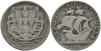 Португалия 2,50 эскудо 1932 парусник КМ 580 серебро 202-352