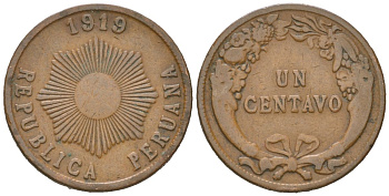 Перу 1 сентаво 1919 KM 211 бронза 4564-243
