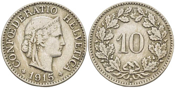 ШВЕЙЦАРИЯ 10 РАППЕНОВ 1915 В KM 27 медно-никель 4513-224