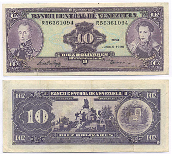 ВЕНЕСУЭЛА 10 БОЛИВАРОВ 1995 СЕРИЯ R, 5 ИЮНЯ 1995, МОНУМЕНТ БИТВЕ ПРИ КАРАБОБО, ДВА ПОРТРЕТА БОЛИВАР И СУКРЕ Pick 61d бумага 8588-80-3-1