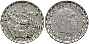 ИСПАНИЯ 5 ПЕСЕТ 1957 (73) ФРАНСИСКО ФРАНКО ДИКТАТОР ИСПАНИИ (1939-1975) KM 786 медно-никель 4393-235