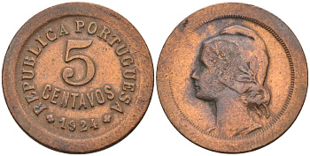 Португалия 5 сентаво 1924 KM 572 бронза 31-933