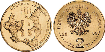 Польша 2 злотых 2009 MW, 70-я годовщина создания польского подпольного государства KM 707 нордик UNC 4676-617