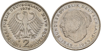 ФРГ 2 марки 1976 F, Конрад Аденауэр KM 124, J. 406 медно-никель 4159-1237