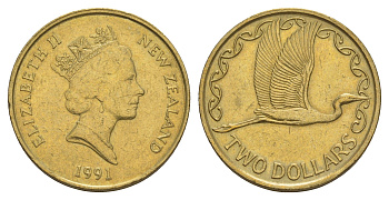 Новая Зеландия 2 доллара 1991 Елизавета II (1952-2022), большая белая цапля KM 79 алюминиевая бронза 4650-826