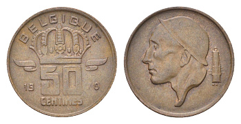 Бельгия 50 сантимов 1970 Belgique, Бодуэн I (1951-1993) KM 148 бронза 4705-226