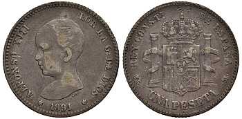 Испания 1 песета 1891 (91) PG-M, АЛЬФОНСО XIII (1886-1931) KM 691 (Y80) серебро 1521-144