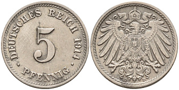 Германия 5 пфеннигов 1914 D KM 11, J. 12 медно-никель 4151-551