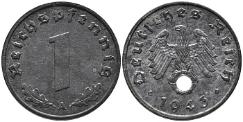 ГЕРМАНИЯ 1 РЕЙХСПФЕННИГ 1943 A KM 97, J.369 цинк 96-768