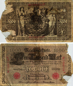 ГЕРМАНИЯ 1000 МАРОК 1910 21 АПРЕЛЯ 1910, СЕМИЗНАЧНЫЙ НОМЕР, СЕРИЯ F Pick 44b бумага 8610-16-1