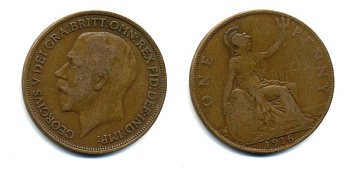 Великобритания 1 пенни 1916 Георг V (1910-1936) КМ 810, Spink 4051 бронза 47-123