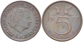 Нидерланды 5 центов 1972 Юлиана (1948-1980) KM 181 бронза 213-1115