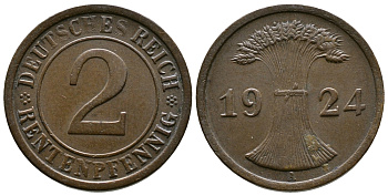 ГЕРМАНИЯ 2 РЕНТЕНПФЕННИГА 1924 A KM 31, J.307 бронза 86-1247
