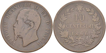 ИТАЛИЯ 10 ЧЕНТЕЗИМО 1866 N, МОНДВОР НЕАПОЛЬ, ВИКТОР ЭММАНУИЛ II (1861-1878) KM 11.4 медь 4526-832