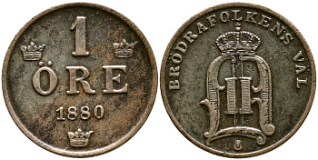 Швеция 1 эре 1880 Оскар II (1872-1907) король Швеции и Норвегии KM 750 бронза 08-1468