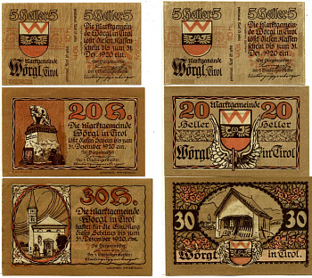 ВЁРГЛЬ, Австрия лот из 3 БАНКНОТ 1920 31 декабря 1920, НОТГЕЛЬД (10, 20, 30 геллеров), ЗЕМЛЯ ТИРОЛЬ бумага 2195-7-2-1