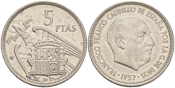 Испания 5 песет 1957 (75) Франциско Франко (1939-1975) KM 786 медно-никель 4561-821