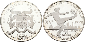 Бенин 1000 франков 1992 чемпионат мира по футболу 1994 года в США, игрок с мячом KM 5 серебро PROOF 04-316-13