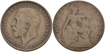 Великобритания 1/2 пенни 1914 Георг V (1910-1936) KM 809, Spink 4051 бронза 4187-526