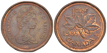 Канада 1 цент 1985 Елизавета II (1952-2022), кленовый лист KM 132 бронза 4609-221