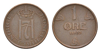 Норвегия 1 эре 1950 Хокон VII (1905-1957) KM 367 бронза 4632-1061