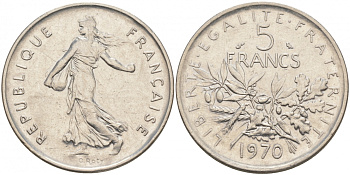 Франция 5 франков 1970 сеятель, тип Semeuse KM 926a.1, Le Franc 341.2 медно-никель плакированный никелем 3855-715
