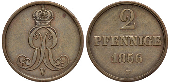 Брауншвейг-Каленберг-Ганновер 2 пфеннига 1856 B, Георг V (1851-1866) KM 217,  AKS 152, J. 84 медь 4142-147