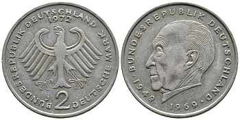 ФРГ 2 марки 1972 J, Конрад Аденауэр J 406, KM 124 медно-никель плакированный никелем 4110-333