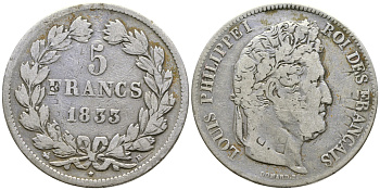 Франция 5 франков 1833 B, Луи Филипп I (1830-1848) KM 749.2 серебро 1066-7-45