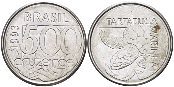 Бразилия 500 крузейро 1993 морская черепаха KM 624 нержавеющая сталь 4396-1023